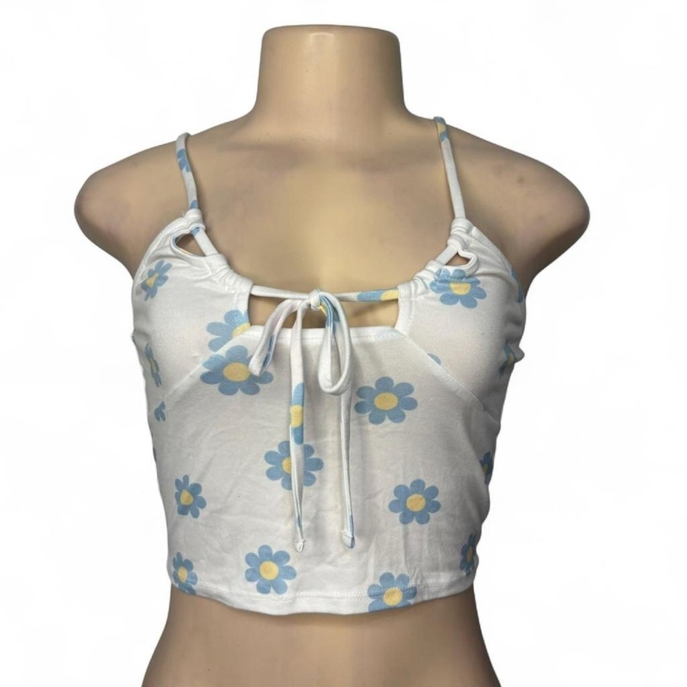 White Floral Tie-Front Crop Tank Top